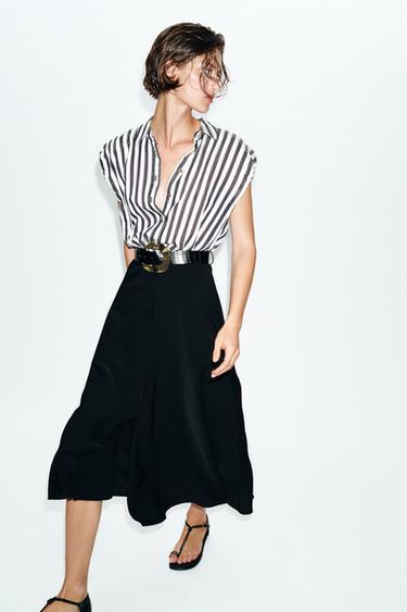 Zara COMBINED STRIPED BELTED MIDI DRESS - Ecru / Black