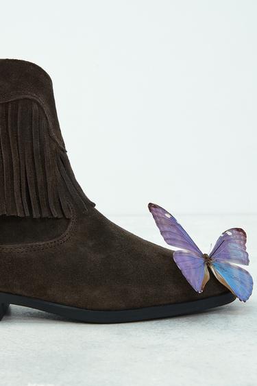 BOTTINES EN CUIR COW-BOY À FRANGES - Marron de Zara