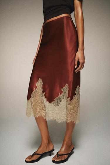 ZW COLLECTION CONTRAST LACE SATIN SKIRT - Burgundy by Zara