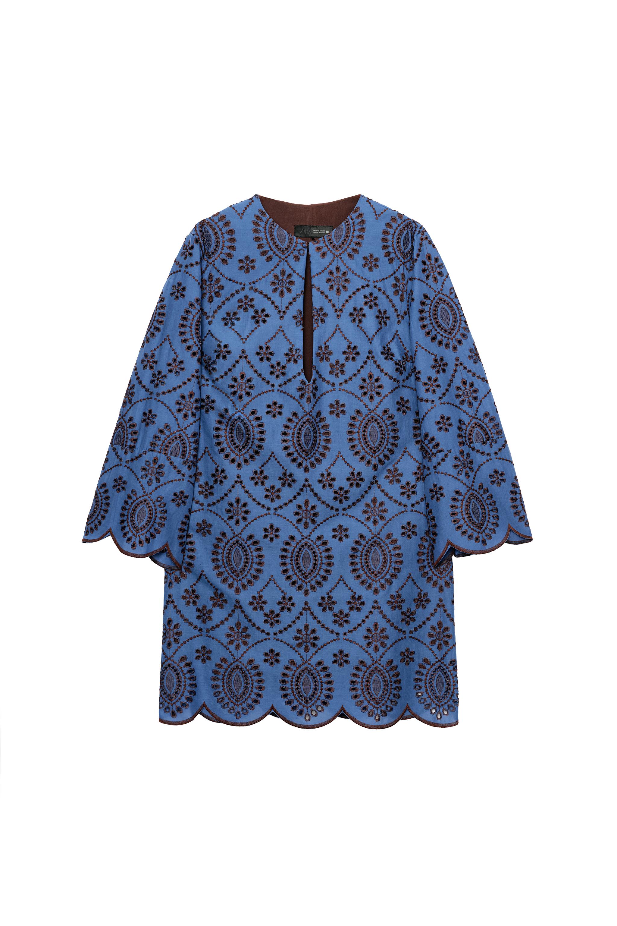 SHORT EMBROIDERED EYELET DRESS - Brown-Blue | ZARA United States