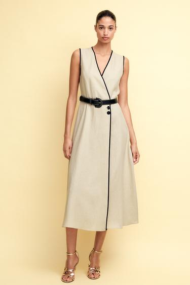 BELTED LINEN BLEND MIDI DRESS - Light beige by Zara