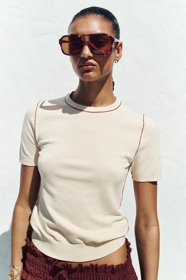 SHORT SLEEVE KNIT TOP WITH PIPING - Ecru by Zara