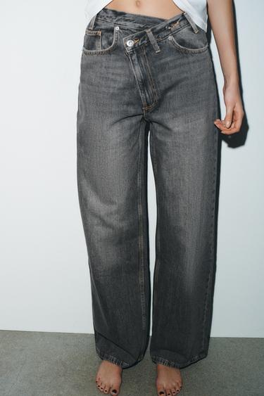TRF WIDE-LEG HIGH-WAIST JEANS WITH CROSSOVER WAIST - Anthracite grey by Zara