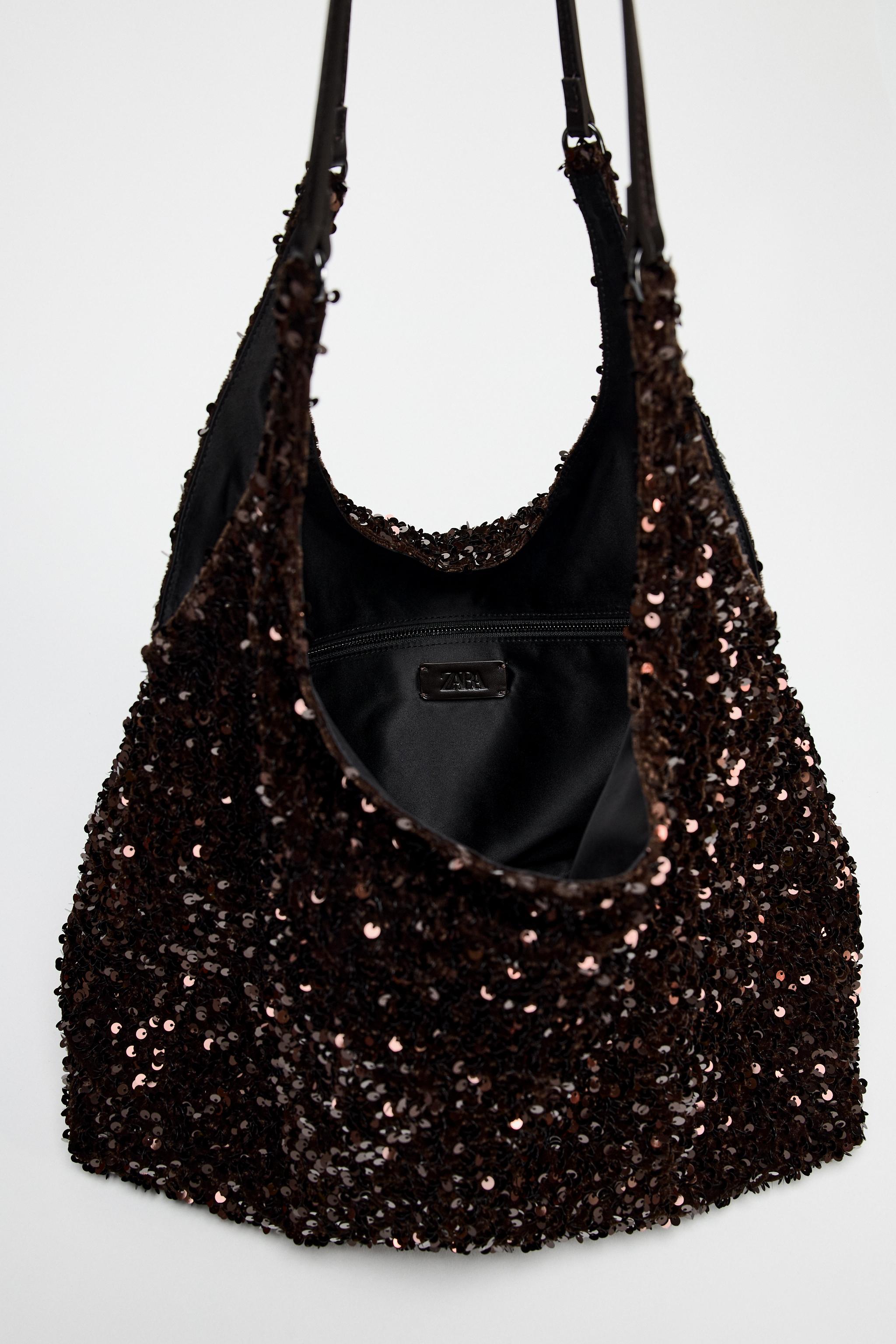 【ZARA】流れるようなスパンコールのトートバッグ 6004/510/700 スペイン発送 ZARA 流体スパンコールショッパー ブラウン 最新作