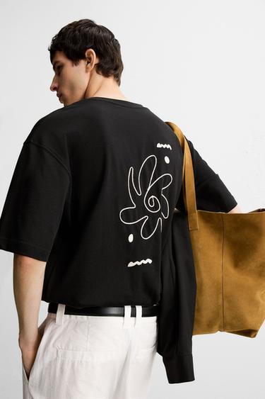 T-SHIRT BRODERIE CONTRASTE - Noir de Zara - Image 4