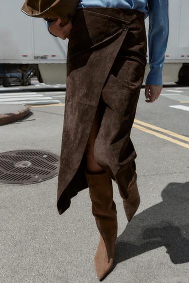 100% LEATHER WRAP MIDI SKIRT - Brown by Zara - Image 3