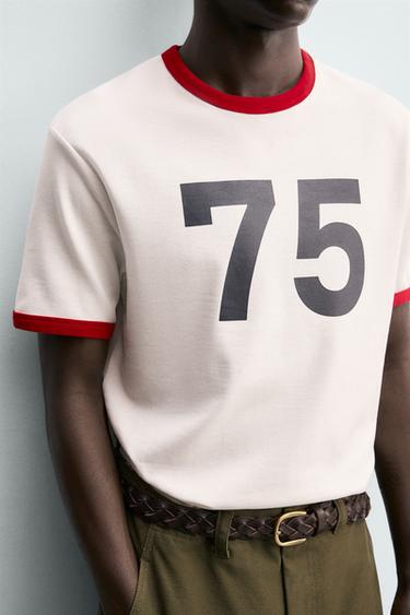 CONTRAST RIB NUMBER T-SHIRT - Ecru / Red by Zara - Image 4