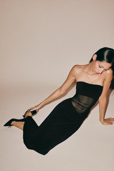COMBINATION DRAPED MIDI DRESS — Black 1