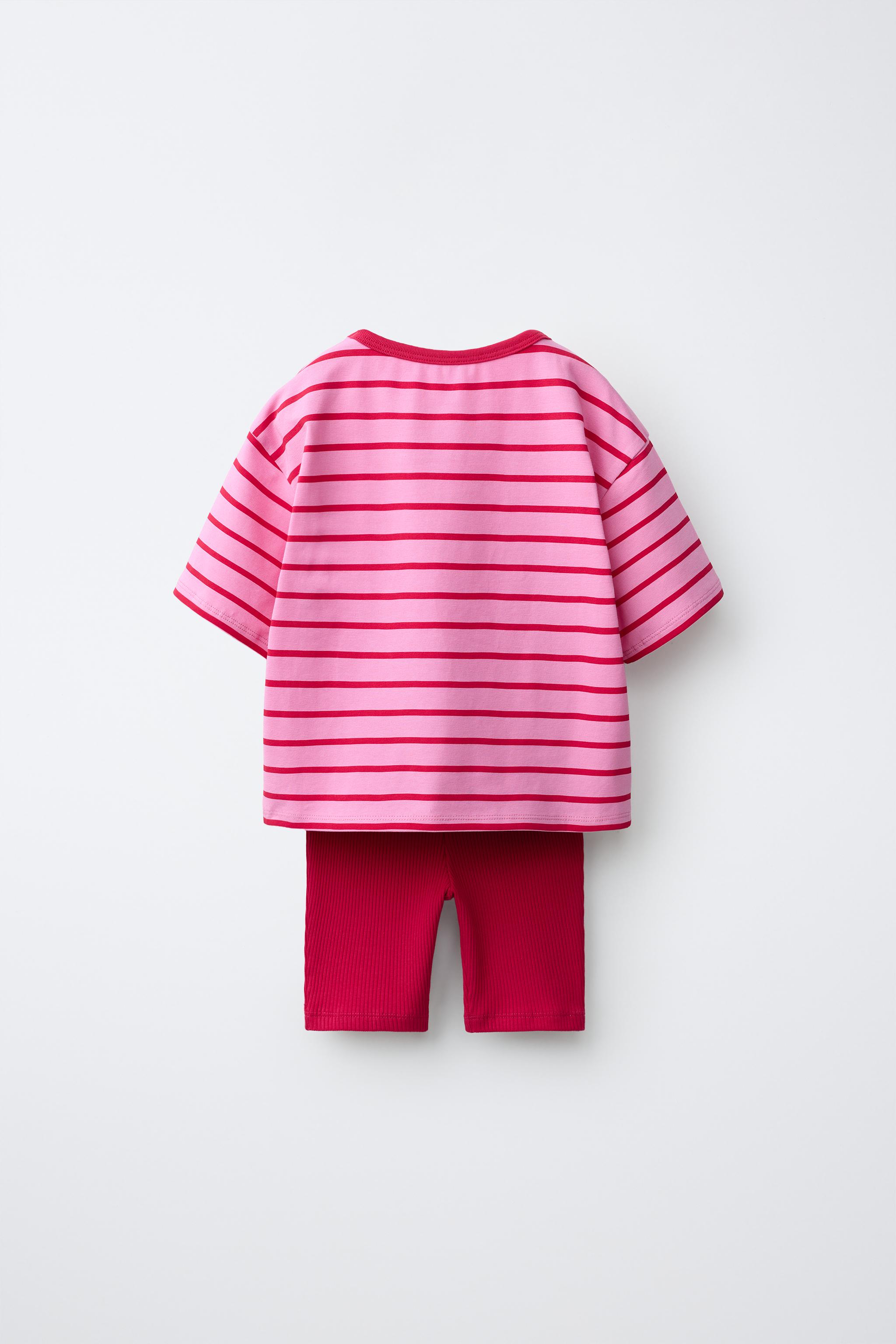 STRIPED T-SHIRT AND BIKER LEGGINGS SET — Light fuchsia (alternate view)