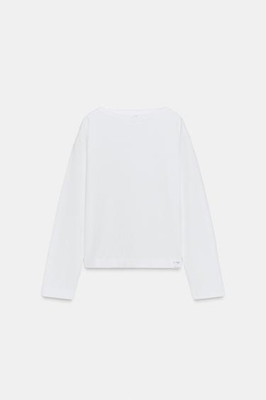 T-SHIRT COL BATEAU ÉTIQUETTE - Blanc de Zara
