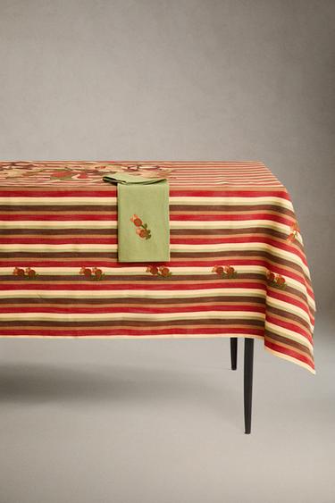 STRIPED TABLECLOTH WITH FLORAL EMBROIDERY - Oranges by Zara