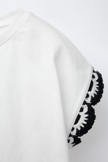 T-SHIRT MANCHES CROCHET - Blanc / Noir de Zara - Image 2
