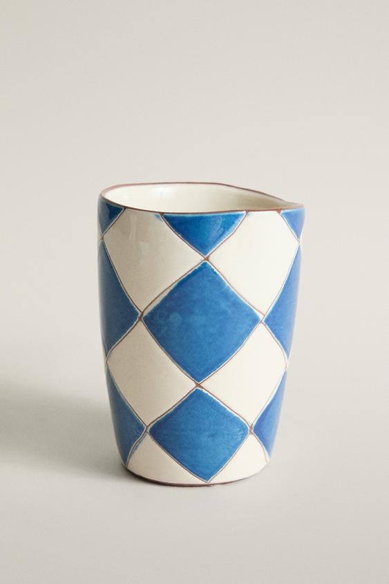 Zara BLUE DIAMOND CERAMIC TOOTHBRUSH TUMBLER - Blue / White - Image 0