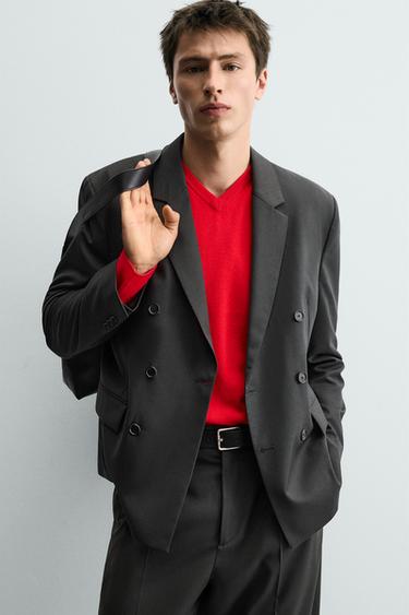 DOUBLE-BREASTED WOOL BLEND SUIT BLAZER - Dark grey by Zara