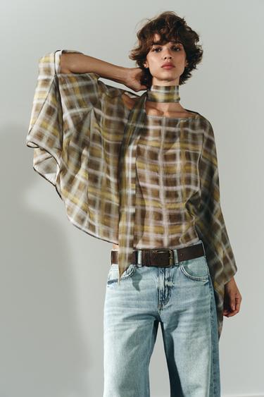 CAPE À CARREAUX FOULARD - Kaki de Zara - Image 1