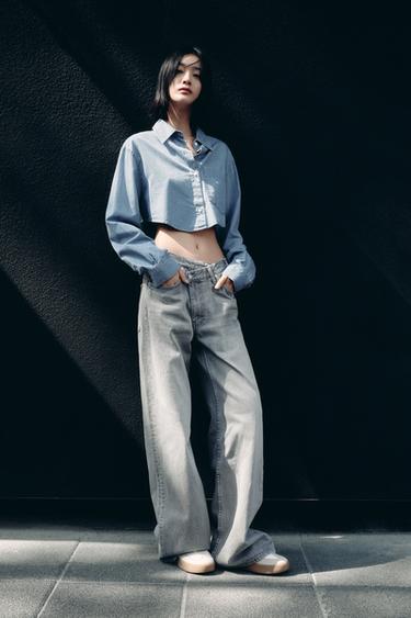 Zara TRF WIDE-LEG 高腰交叉牛仔褲 - 淺灰色