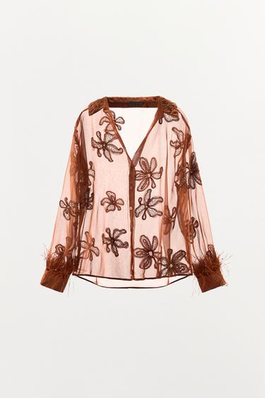 SEMI-SHEER SEQUINNED FEATHER SHIRT - Russet by Zara - Image 0