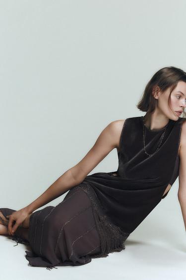 COMBINED VELVET DRESS WITH BEADS AND FRINGES - Anthracite Grey by Zara