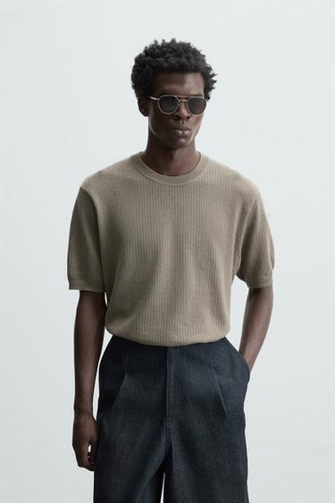 TEXTURED KNIT T-SHIRT - Light khaki by Zara