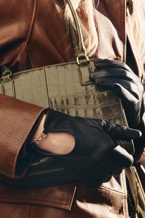 Zara 100% LEATHER CHAIN GLOVES - Black - Image 0
