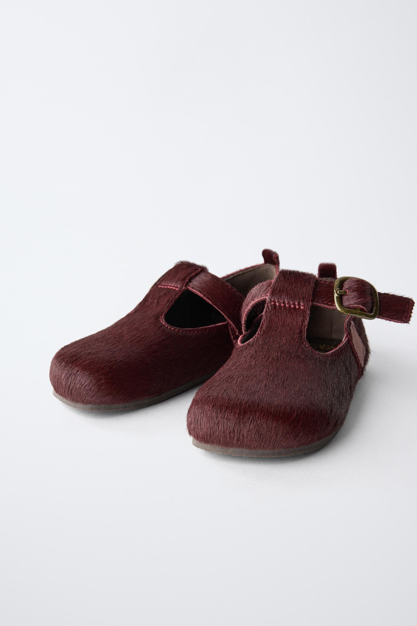 Обувь Zara Leather T-STRAP Shoes для детей, цвет: Баклажановый — фото 3