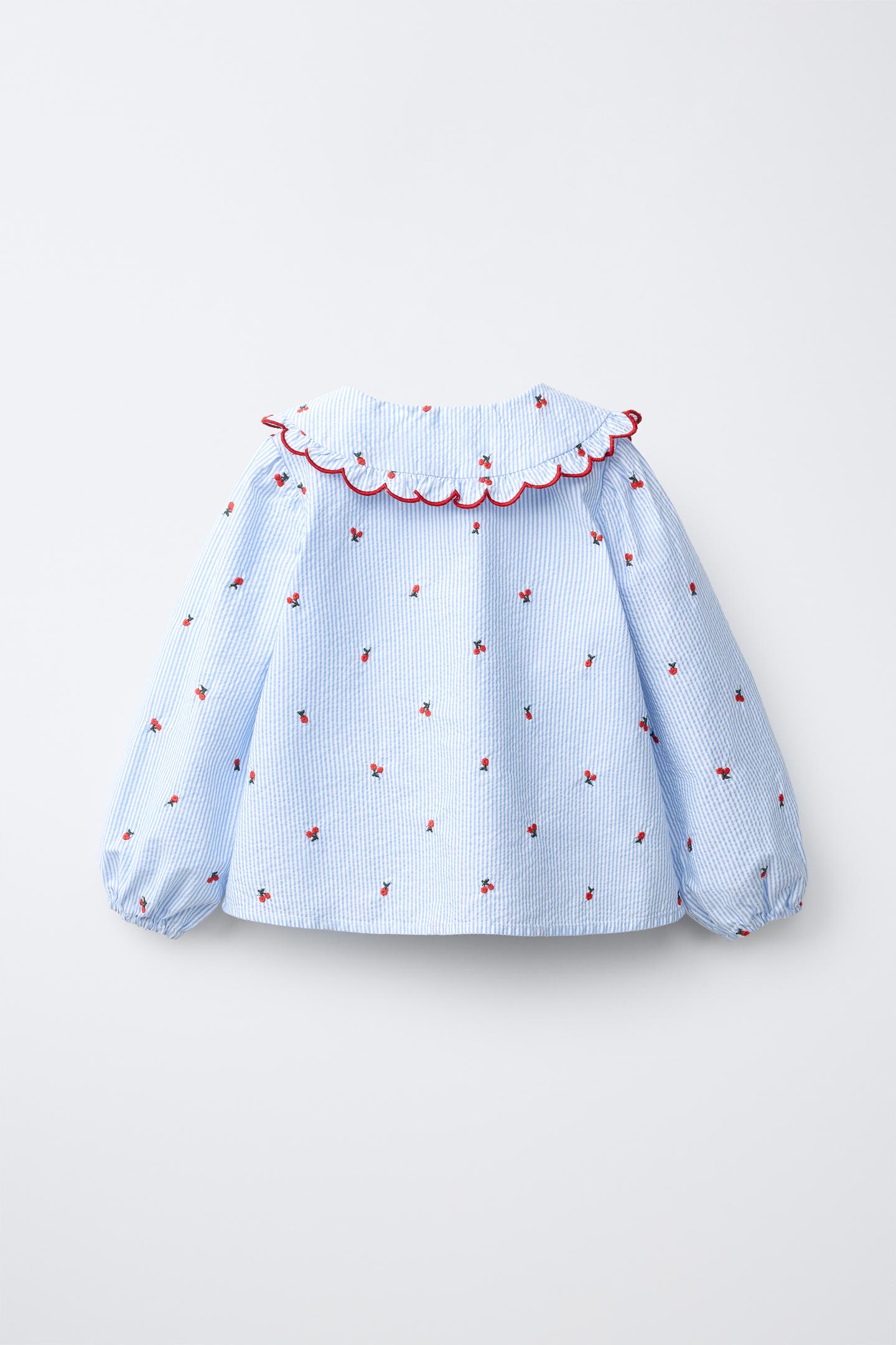 Детская рубашка Zara Embroidered Peter Pan Collar, цвет: Голубоватый — фото 3