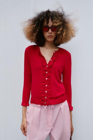 Zara 荷葉邊飾針織夾克 - 紅色