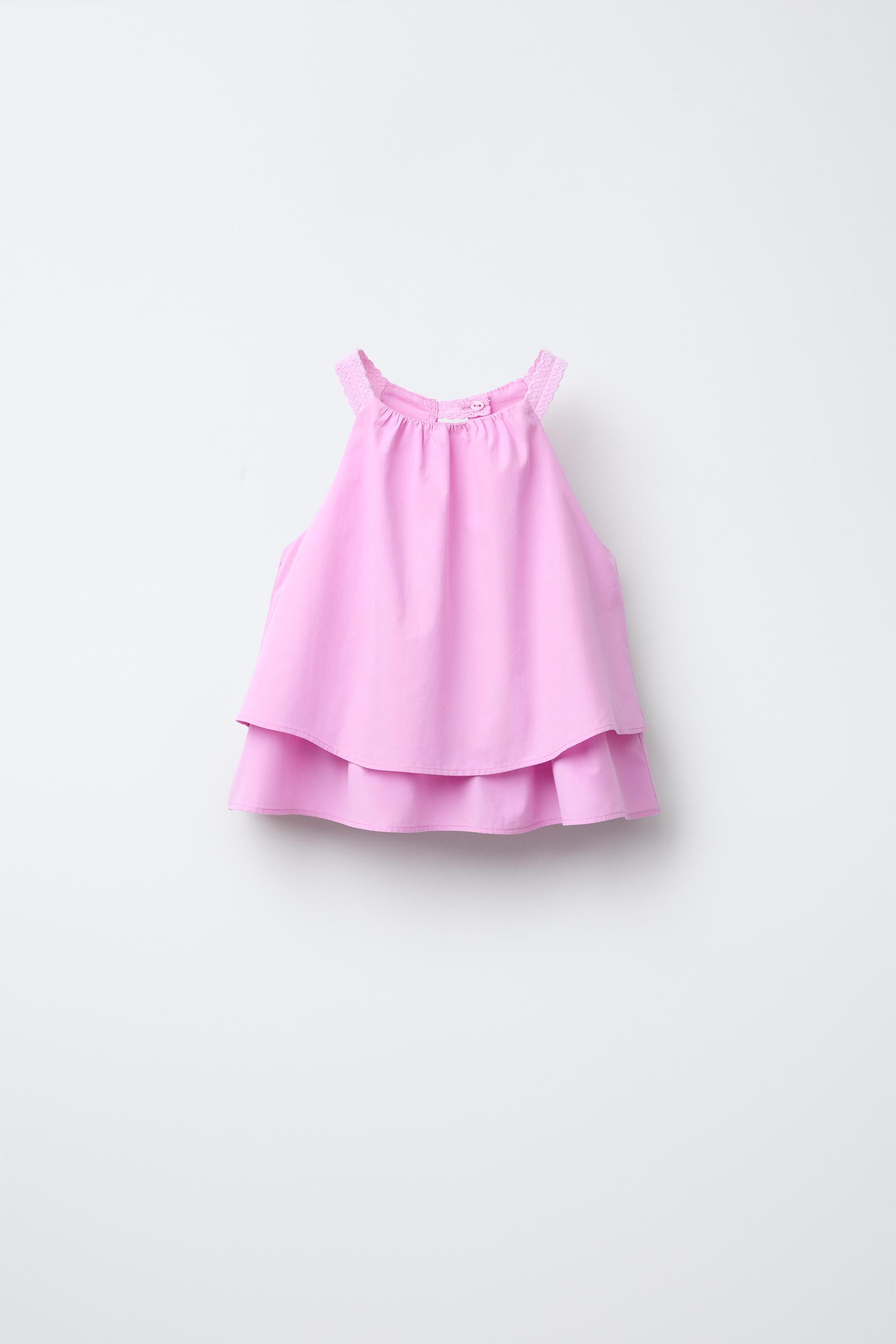 POPLIN TOP WITH DOUBLE RUFFLE AND LACE - Pink | ZARA Thailand