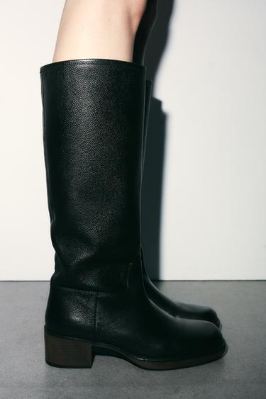 Zara LEATHER HEEL BOOTS - Black