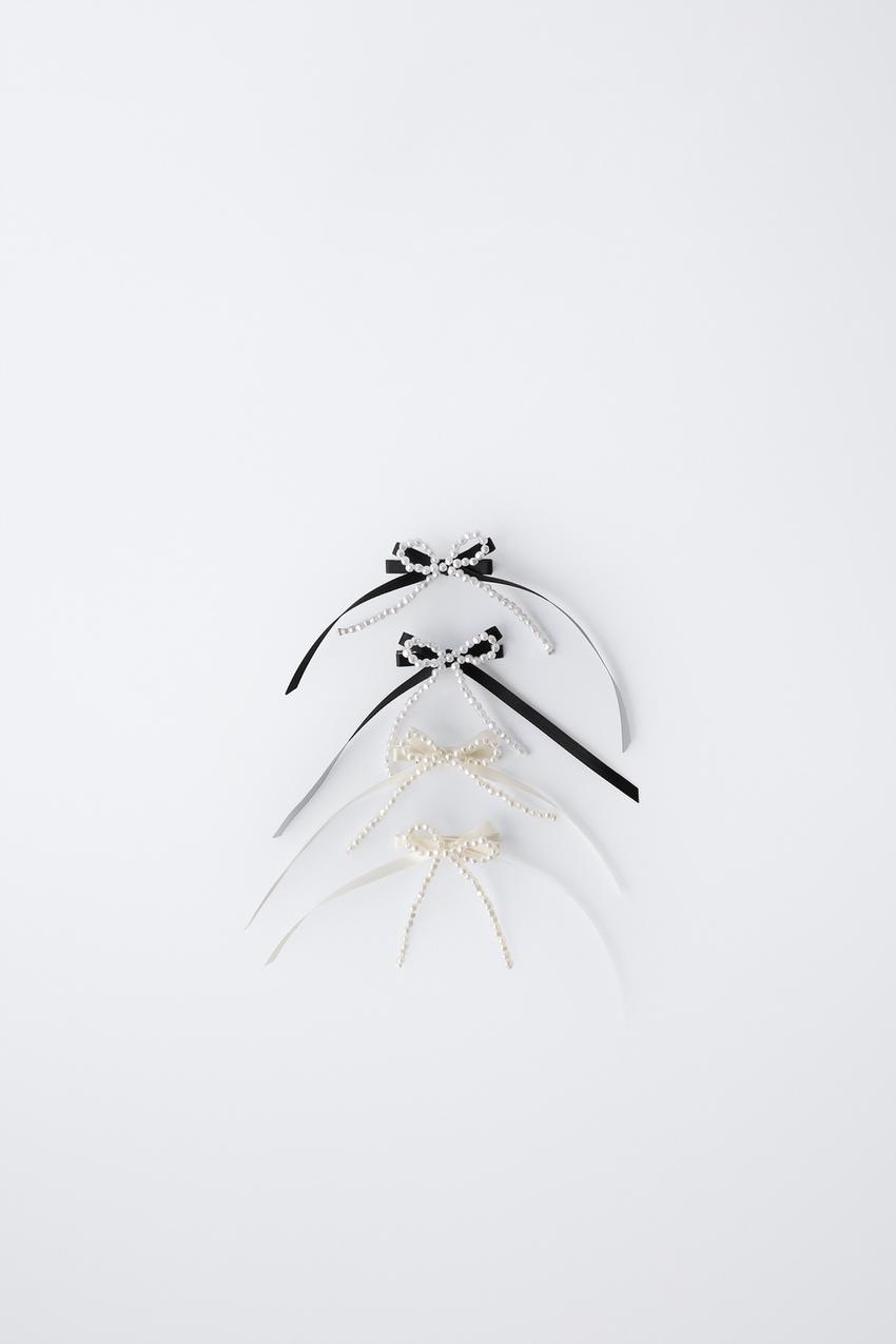 PACK OF FOUR HAIR CLIPS WITH FAUX PEARLS AND BOW - Black  display picture 1