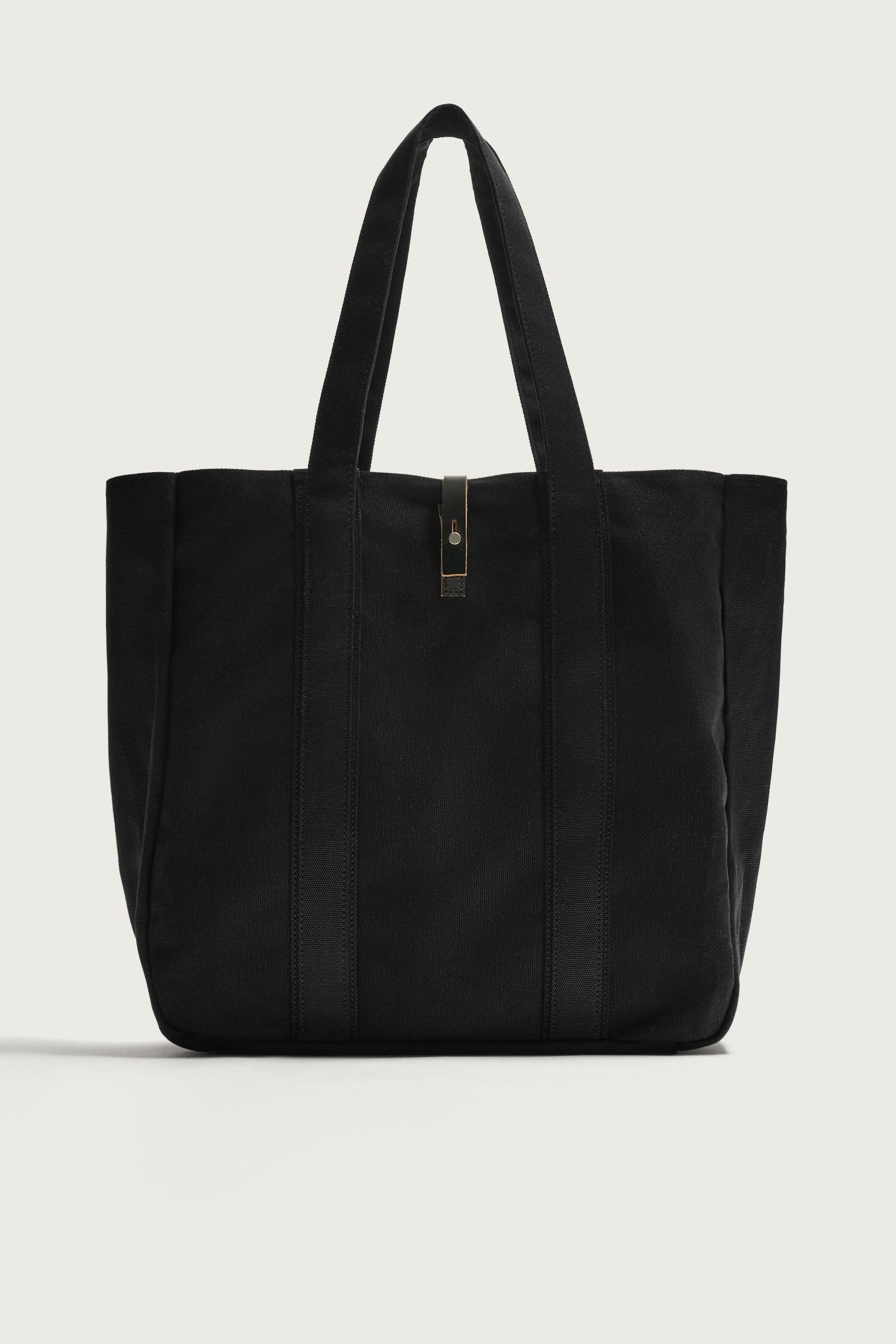 FABRIC SHOPPER WITH LEATHER CLOSURE — Black