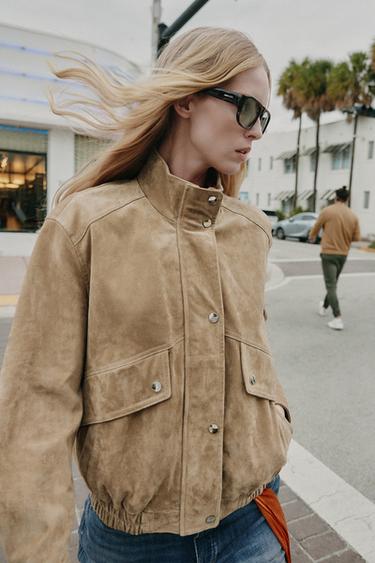 Zara 100% SUEDE LEATHER HIGH COLLAR JACKET - taupe brown