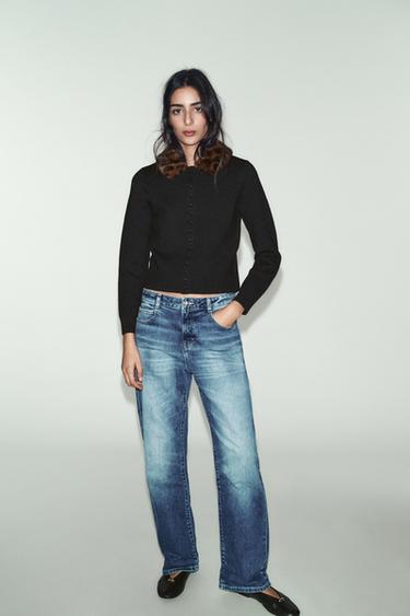 GILET EN MAILLE À COL EFFET FOURRURE - Noir de Zara