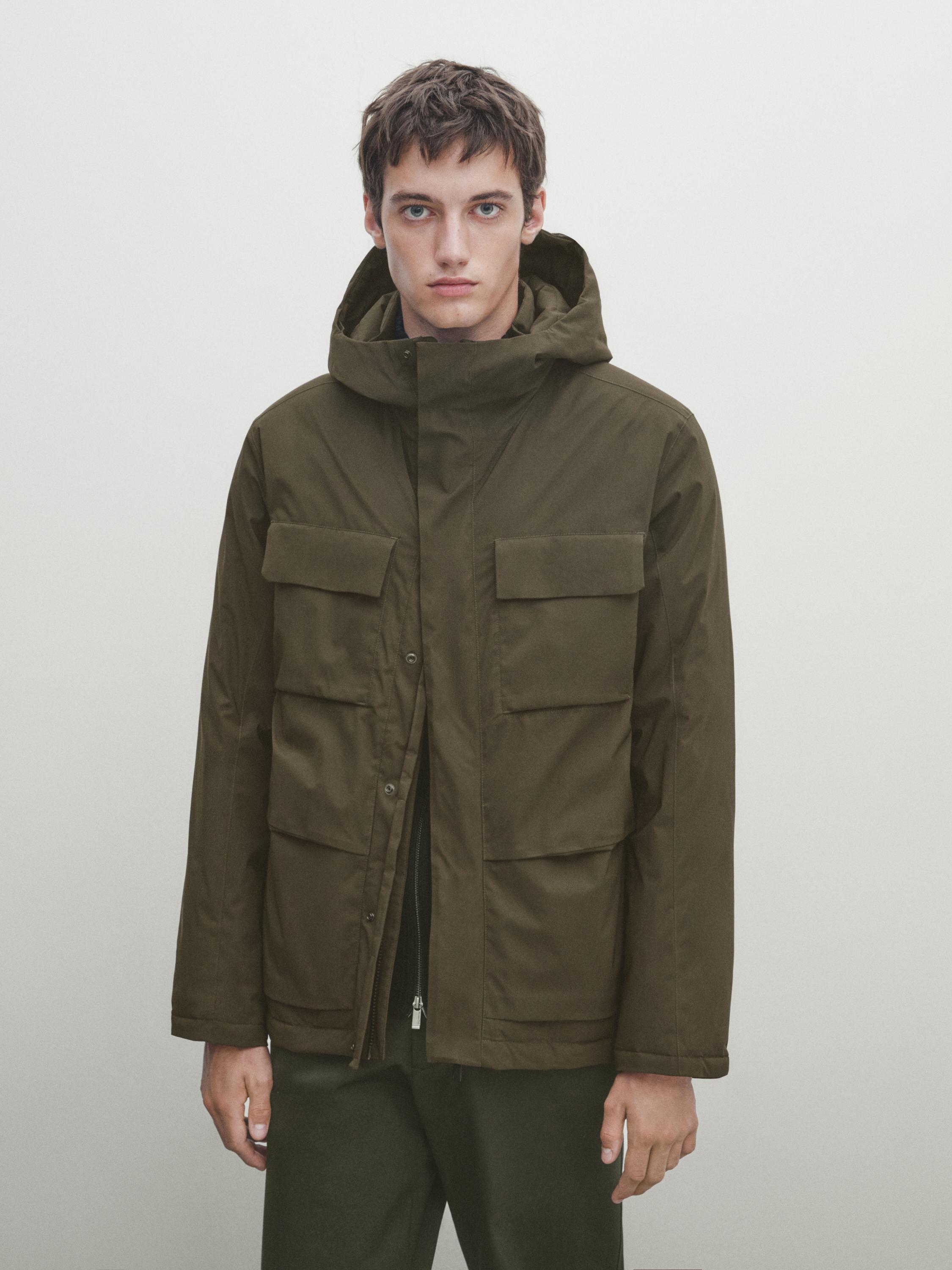 Hooded down and feather puffer jacket - Khaki | ZARA Canada