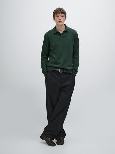 Zara 100% wool V-neck knit polo sweater - Beige / Taupe brown - Image 0