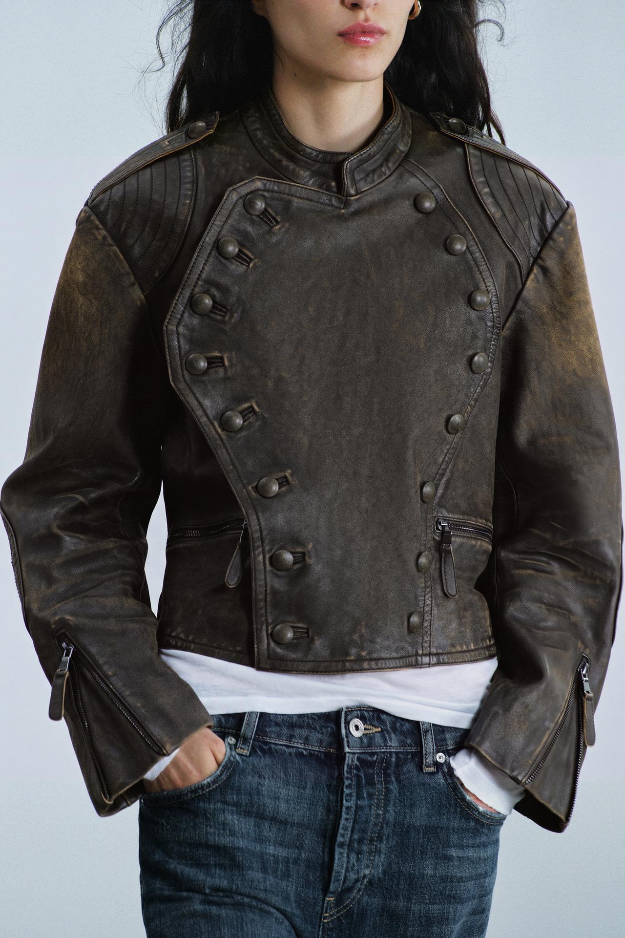 ZW COLLECTION 100% LEATHER BUTTON JACKET — Brown