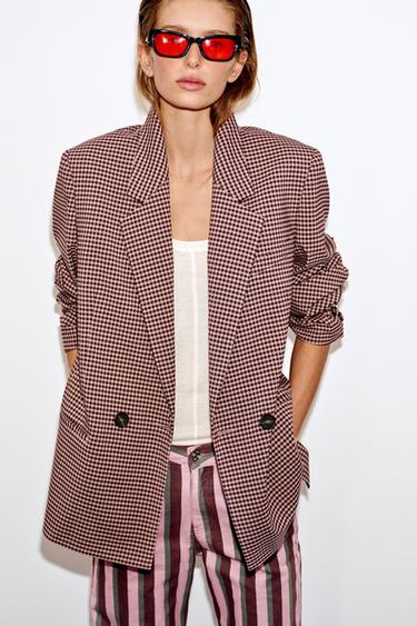 Zara OVERSIZED PLAID DOUBLE-BREASTED BLAZER - Pink