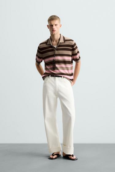 POLO DE MALHA JACQUARD LISTRADA - Marrom da Zara - Imagem 0