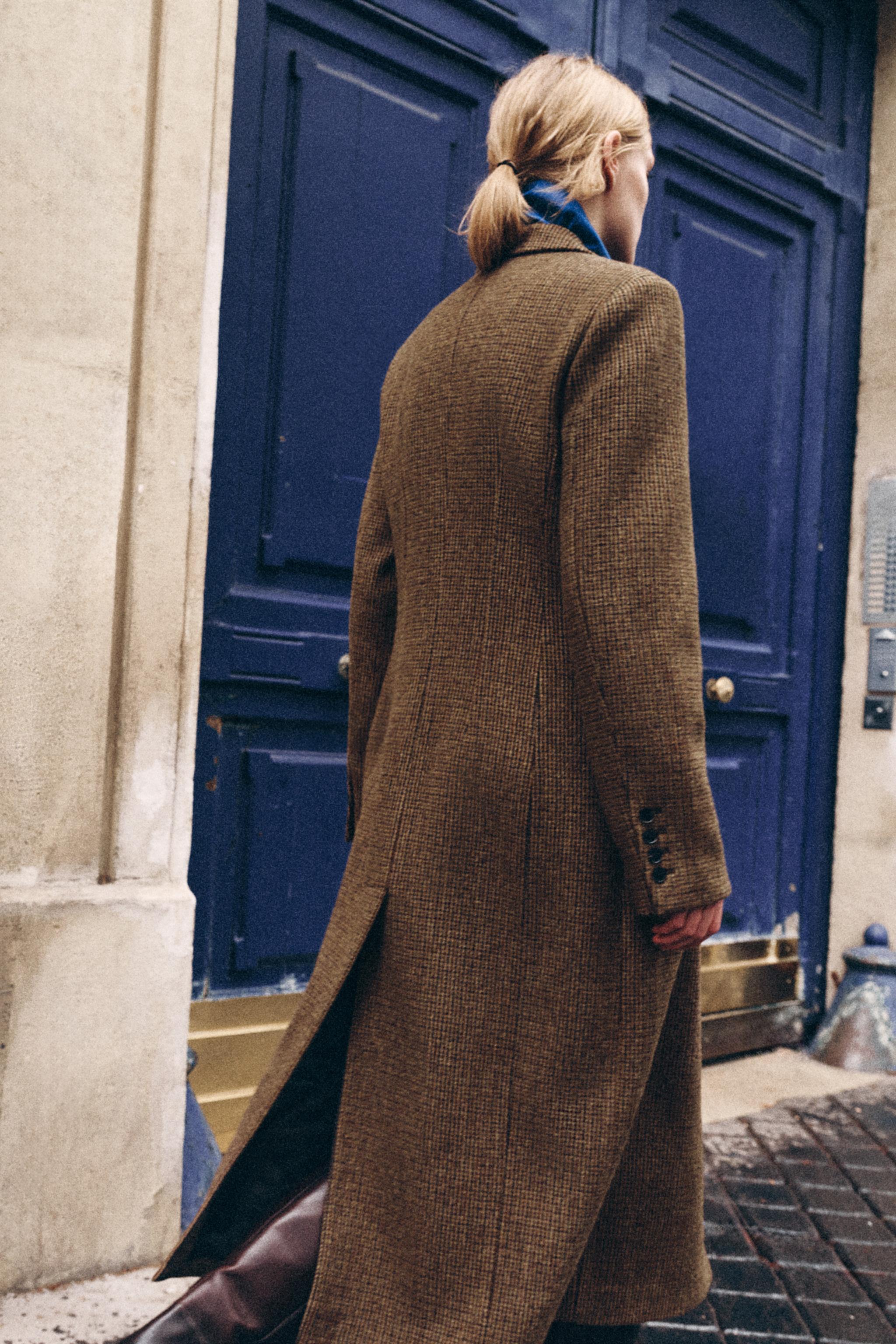 ZARA ウールチェックロングコート チェスターコート ステンカラーコート 100%ウールチェック柄コート ZW COLLECTION - ブラウン | ZARA Japan