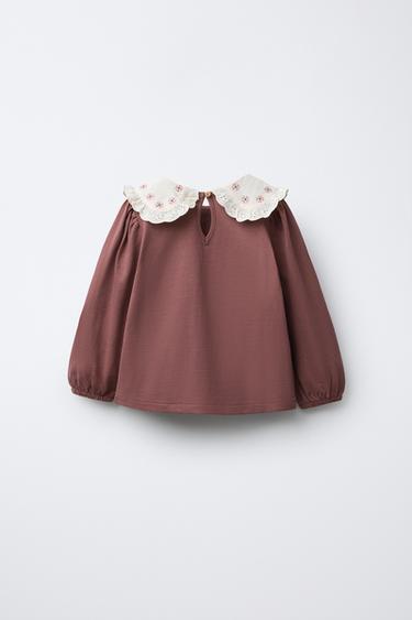 ФУТБОЛКА З ВИШИВКОЮ ТА ВИЛОЖИСТИМ КОМІРОМ - Brown Zara