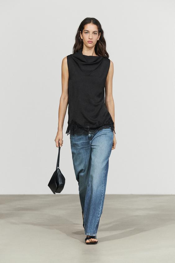 Zara Flowing lace-detail top - Black - Image 0