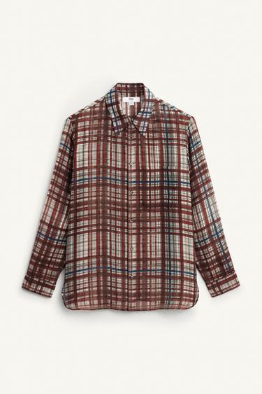 Zara LIMITED EDITION PLAID FLOWY SHIRT - Ecru / Maroon