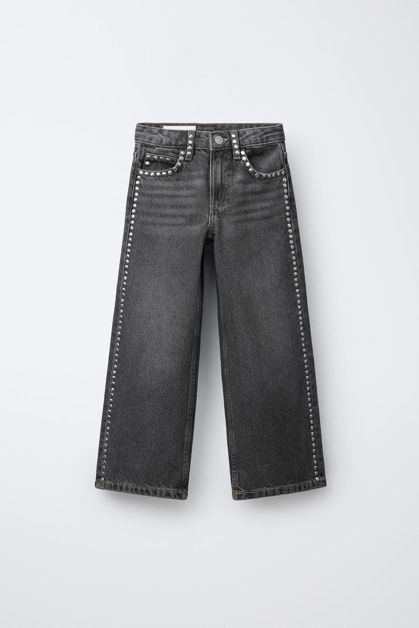 スタッズ付きストレートデニムパンツ - グレー | ZARA Japan / 日本