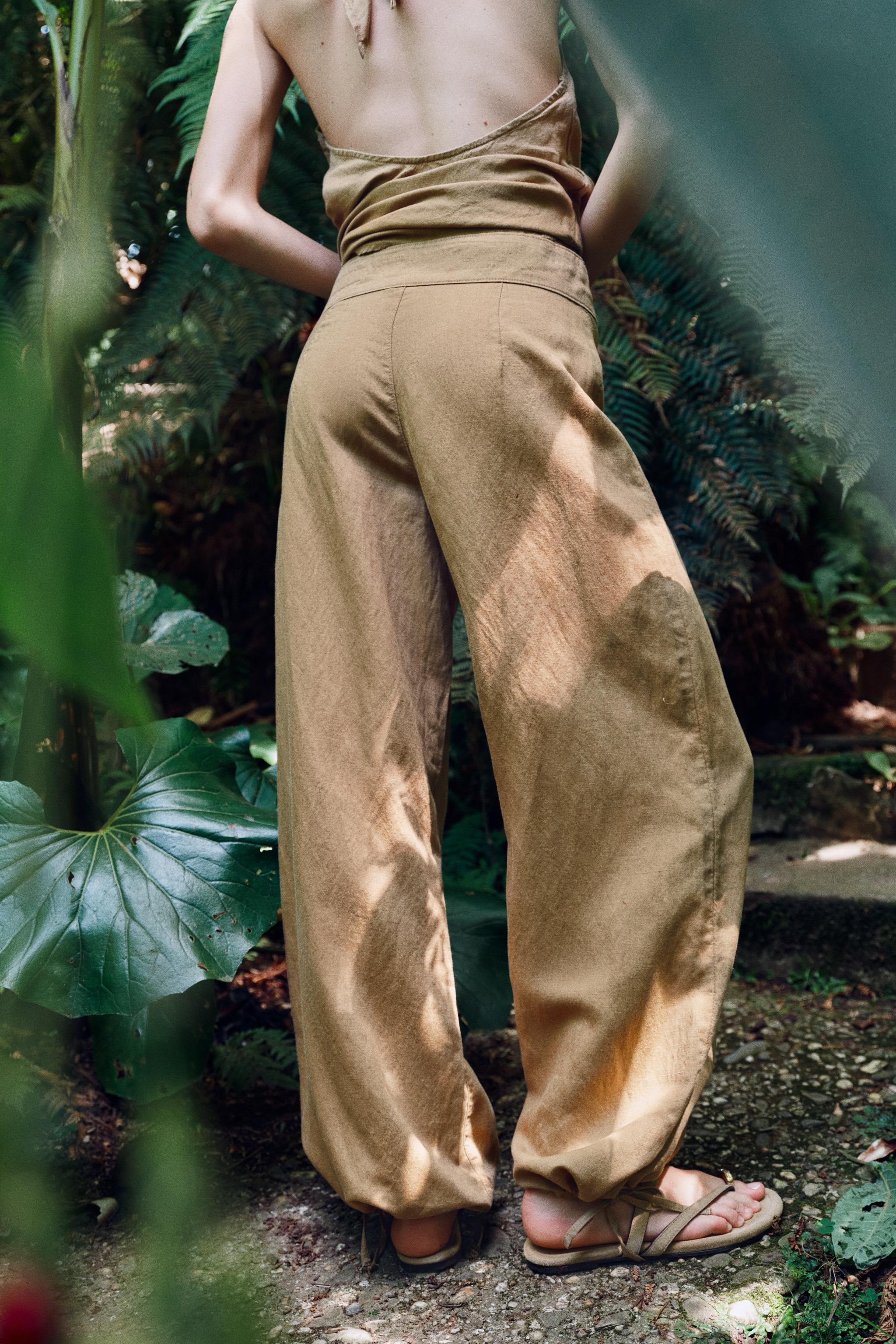 Zara KETEN GENİŞ PAÇA BAĞCIKLI PANTOLON görsel 4
