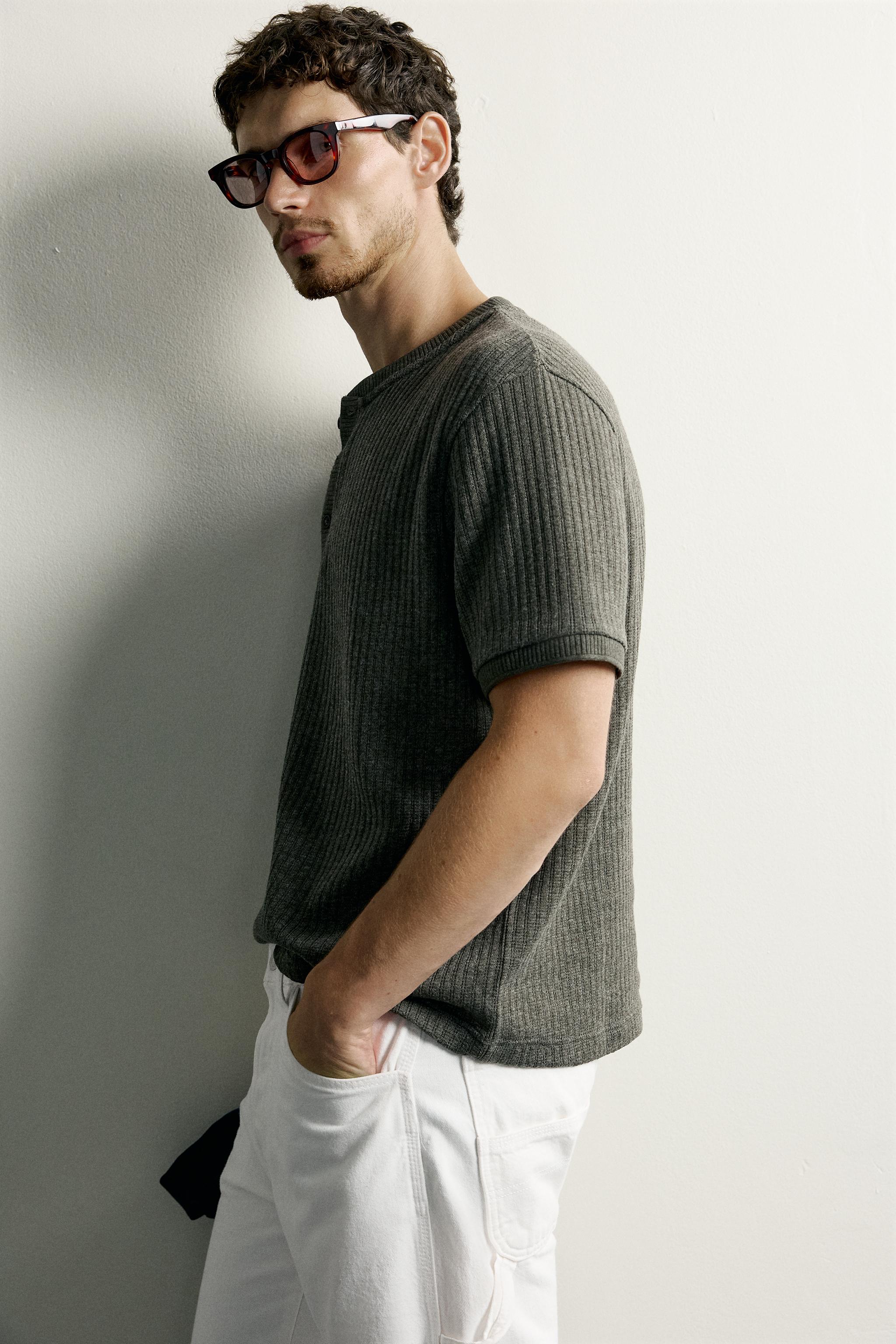 Мужские футболки Zara RIB KNIT HENLEY T-SHIRT — фото 6