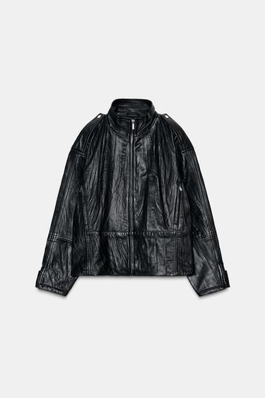 Zara 100% WRINKLED EFFECT LEATHER JACKET - Black - Image 0