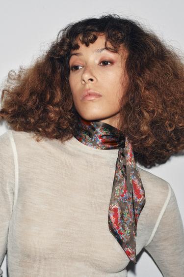 Zara PRINTED FOULARD SCARF - Khaki - Image 0