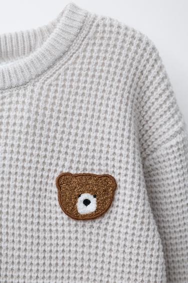 WAFFLE KNIT JUMPER WITH BEAR PATCH - Light grey by Zara - Image 2