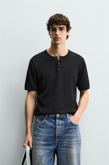 KNIT HENLEY T-SHIRT - Black by Zara