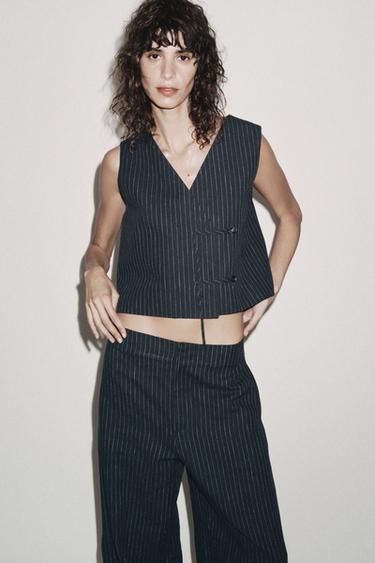 ZW COLLECTION STRIPED LINEN BLEND WAISTCOAT - navy by Zara